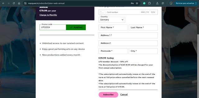 Marquee TV checkout page showing Marquee TV promo code box | Screenshot taken by SimplyCodes community member on Feb 23, 2025