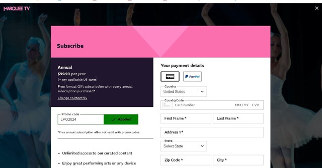 Marquee TV checkout page showing Marquee TV promo code box | Screenshot taken by SimplyCodes community member on Nov 3, 2024