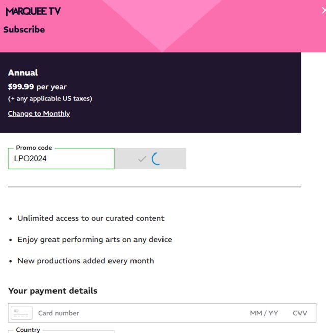 Marquee TV checkout page showing Marquee TV promo code box | Screenshot taken by SimplyCodes community member on Mar 15, 2025