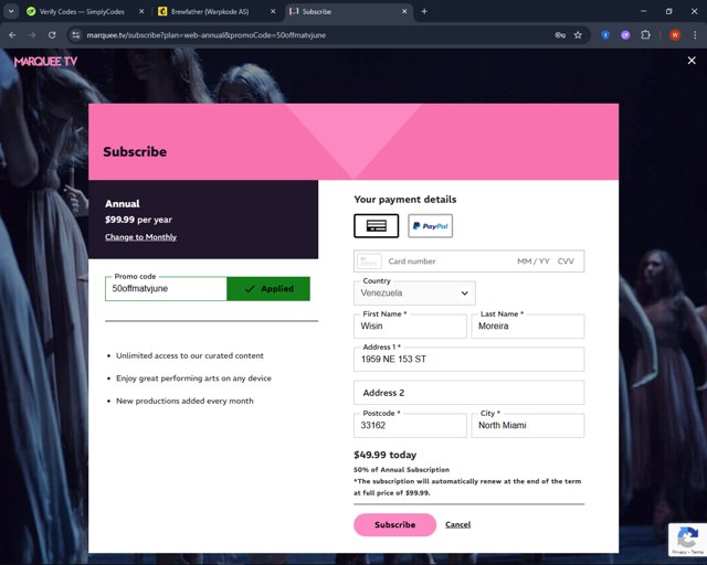 Marquee TV checkout page showing Marquee TV promo code box | Screenshot taken by SimplyCodes community member on Jun 19, 2025