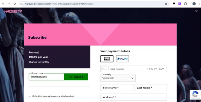 Marquee TV checkout page showing Marquee TV promo code box | Screenshot taken by SimplyCodes community member on Jun 23, 2025