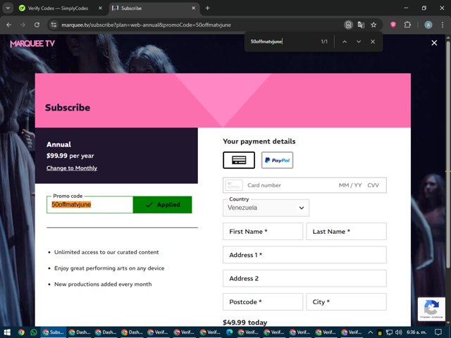 Marquee TV checkout page showing Marquee TV promo code box | Screenshot taken by SimplyCodes community member on Jun 14, 2025