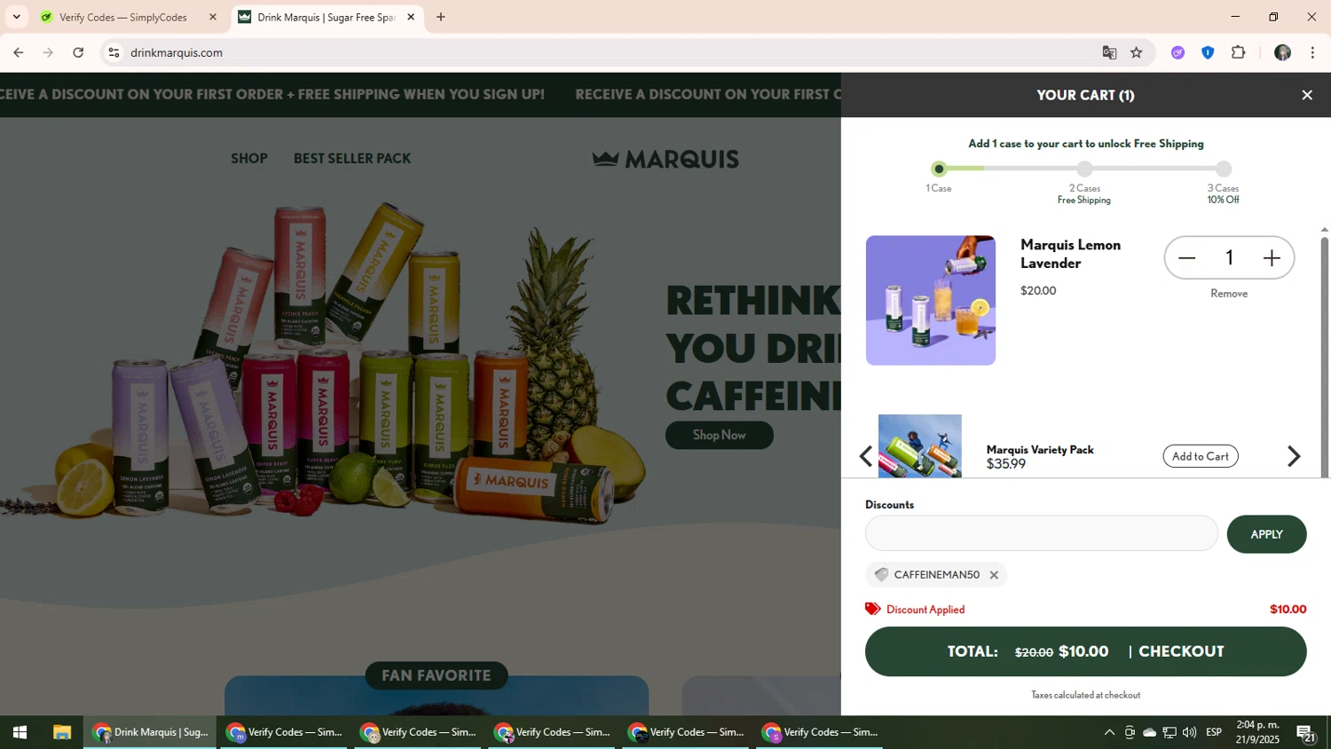 Marquis promo code screenshot showing code CAFFEINEMAN50 applied at Marquis checkout page. Uploaded by SimplyCodes community member CleverLynx6871 on Sep 21, 2025