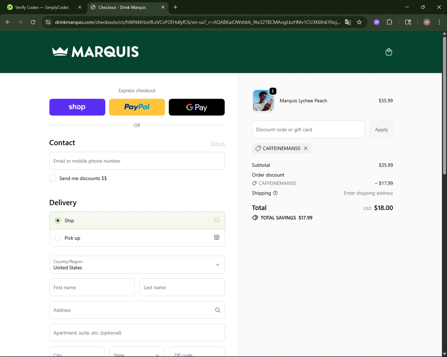 Marquis promo code screenshot showing code CAFFEINEMAN50 applied at Marquis checkout page. Uploaded by SimplyCodes community member CoinLegend4598 on Nov 4, 2025