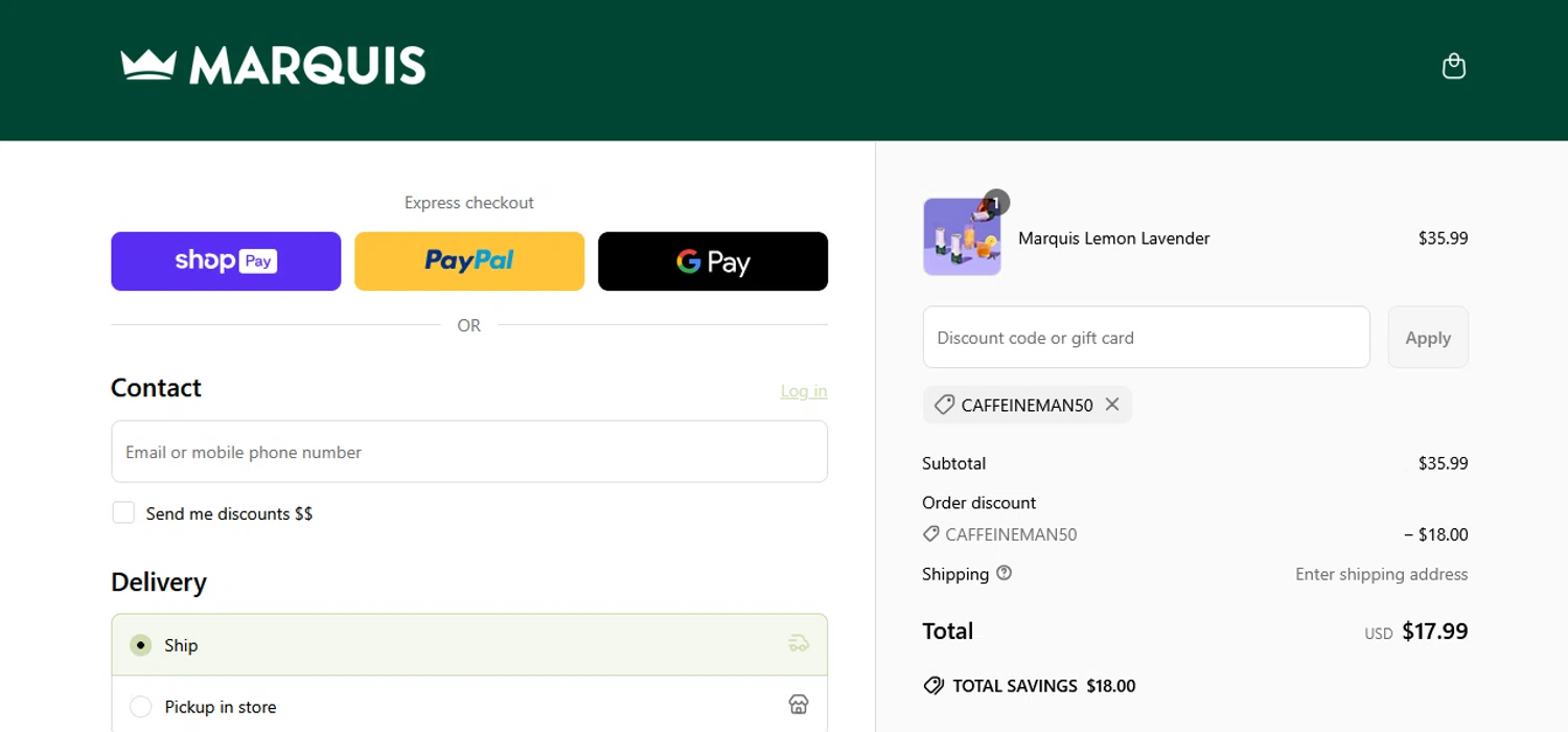 Marquis promo code screenshot showing code CAFFEINEMAN50 applied at Marquis checkout page. Uploaded by SimplyCodes community member pkwhite on May 17, 2025