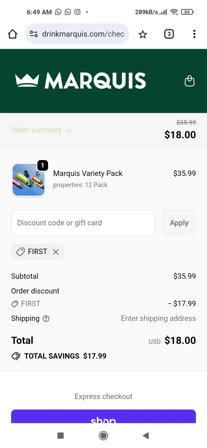 Marquis promo code screenshot showing code FIRST applied at Marquis checkout page. Uploaded by SimplyCodes community member Piolin on Dec 29, 2025