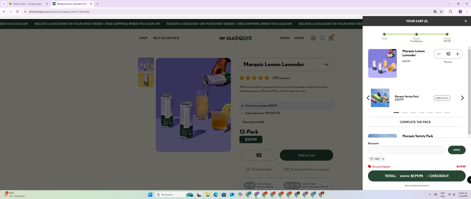 Marquis promo code screenshot showing code FIRST applied at Marquis checkout page. Uploaded by SimplyCodes community member BrilliantSentinel3167 on Mar 1, 2025