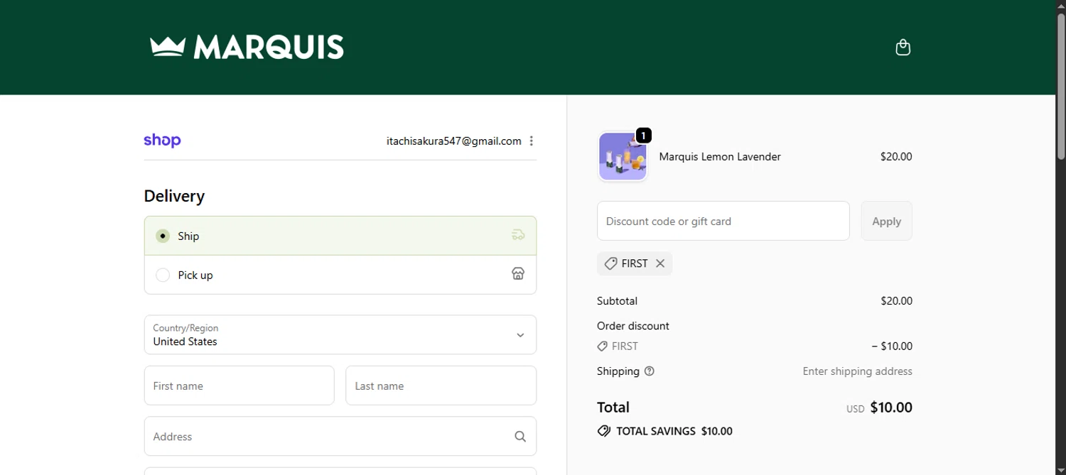 Marquis promo code screenshot showing code FIRST applied at Marquis checkout page. Uploaded by SimplyCodes community member noworries on Sep 21, 2025