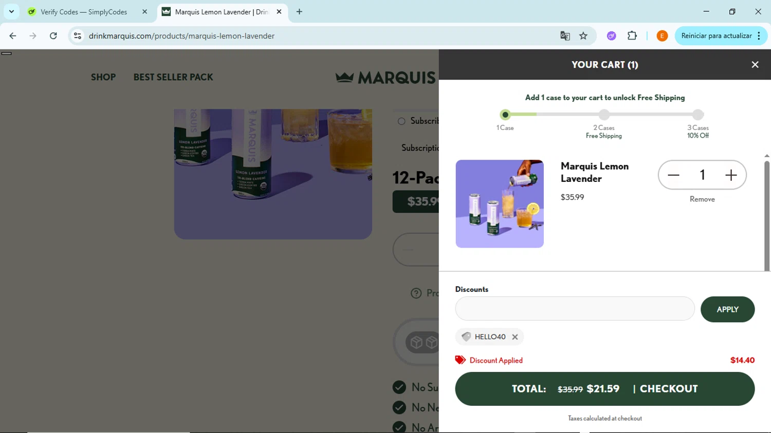Marquis promo code screenshot showing code hello40 applied at Marquis checkout page. Uploaded by SimplyCodes community member BudgetFox5491 on Jun 13, 2025