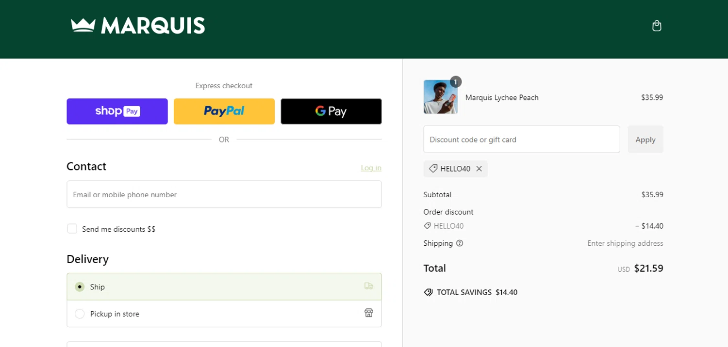 Marquis promo code screenshot showing code hello40 applied at Marquis checkout page. Uploaded by SimplyCodes community member CoinWarden5517 on Jan 4, 2025