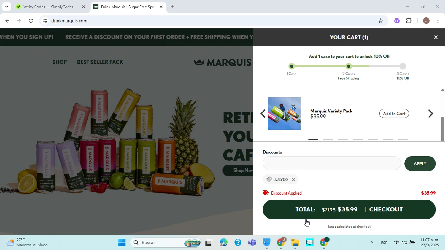 Marquis promo code screenshot showing code JULY50 applied at Marquis checkout page. Uploaded by SimplyCodes community member ABHF23 on Aug 27, 2025