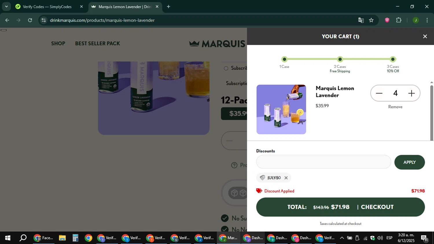 Marquis promo code screenshot showing code JULY50 applied at Marquis checkout page. Uploaded by SimplyCodes community member ShieldFinder369 on Dec 6, 2025