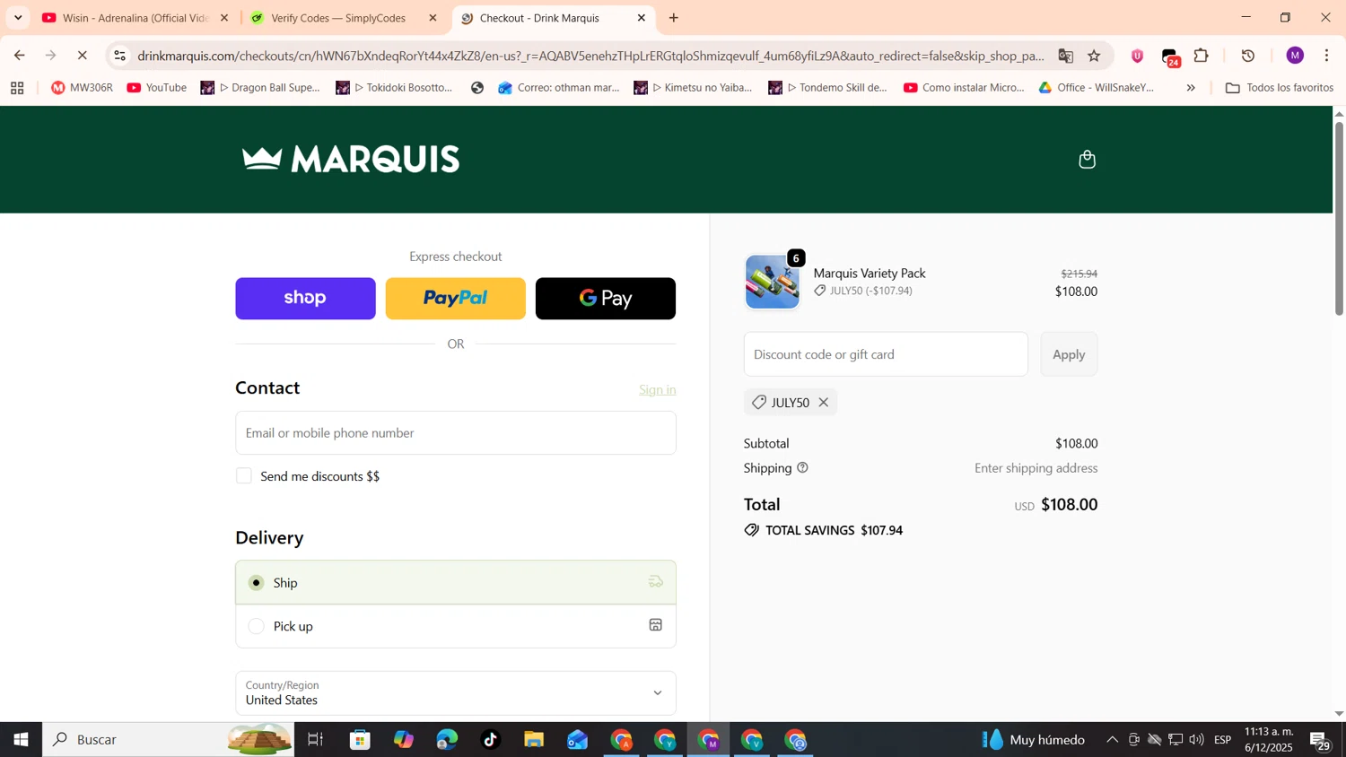 Marquis promo code screenshot showing code JULY50 applied at Marquis checkout page. Uploaded by SimplyCodes community member cod_gakpo on Dec 6, 2025