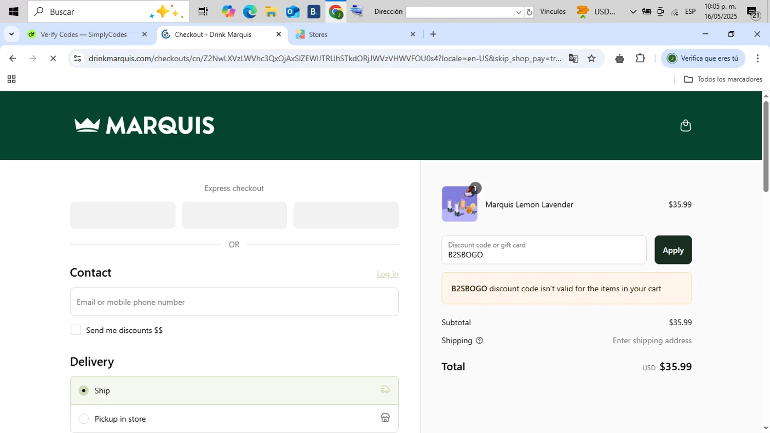 Marquis promo code screenshot showing code B2SBOGO applied at Marquis checkout page. Uploaded by SimplyCodes community member CleverFinder2843 on May 17, 2025