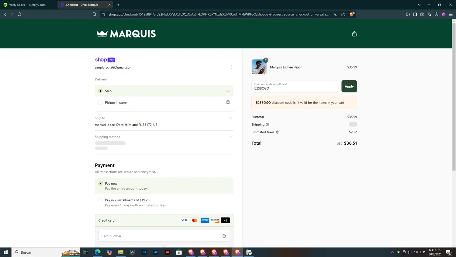 Marquis promo code screenshot showing code B2SBOGO applied at Marquis checkout page. Uploaded by SimplyCodes community member SmartGuardian6731 on Mar 30, 2025