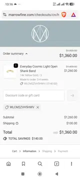 Marrow Fine coupon verification screenshot