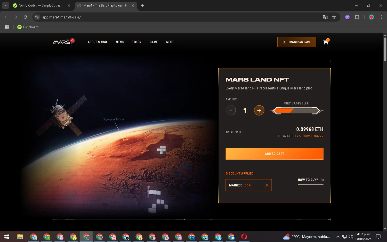Mars4 promo code screenshot showing code MAINE30 applied at Mars4 checkout page. Uploaded by SimplyCodes community member GoldSentinel6680 on Aug 8, 2025