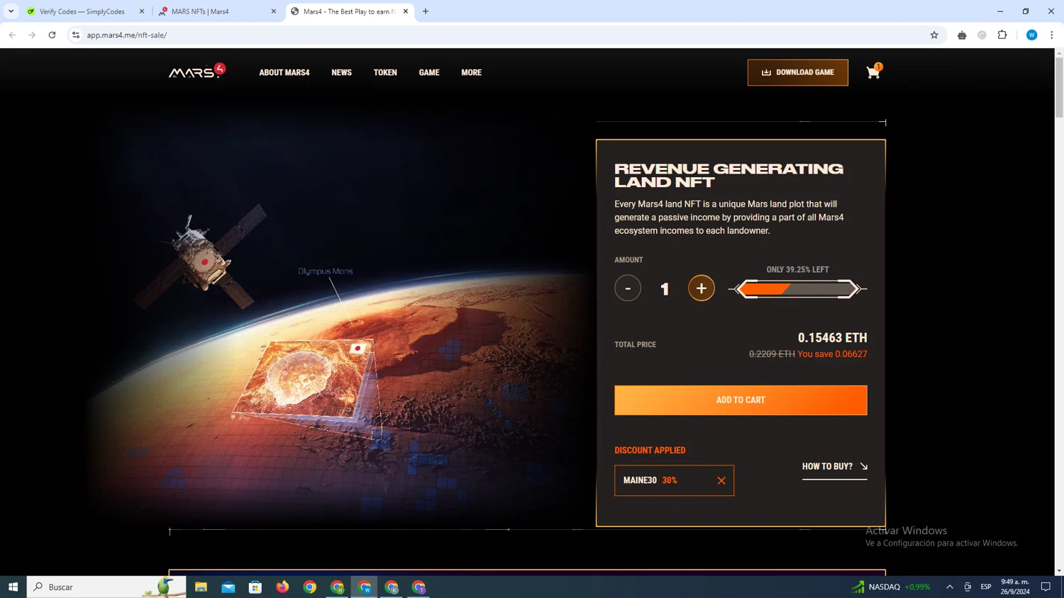Mars4 checkout page showing Mars4 promo code box | Screenshot taken by SimplyCodes community member on Sep 26, 2024