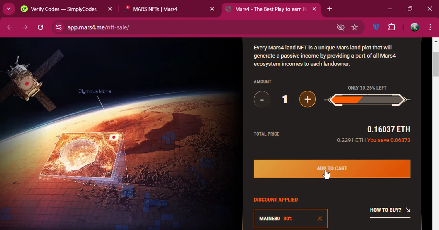 Mars4 checkout page showing Mars4 promo code box | Screenshot taken by SimplyCodes community member on Aug 28, 2024