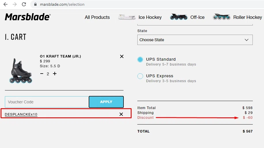 Marsblades checkout page showing Marsblades promo code box | Screenshot taken by SimplyCodes community member on Jul 21, 2022