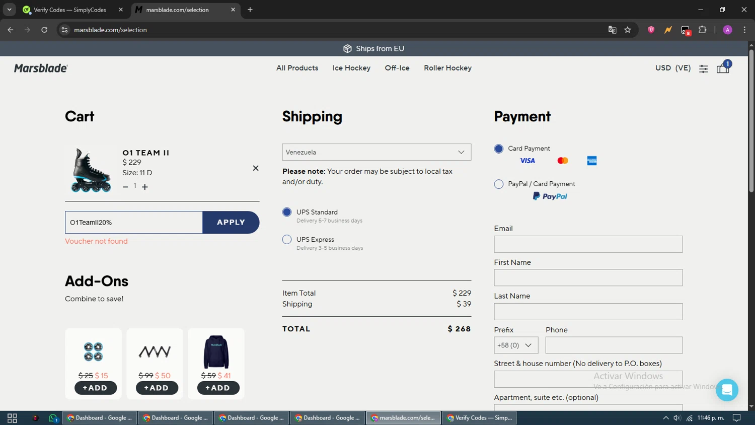 Marsblades promo code screenshot showing code O1TeamII20% applied at Marsblades checkout page. Uploaded by SimplyCodes community member CouponScout5403 on Sep 11, 2025