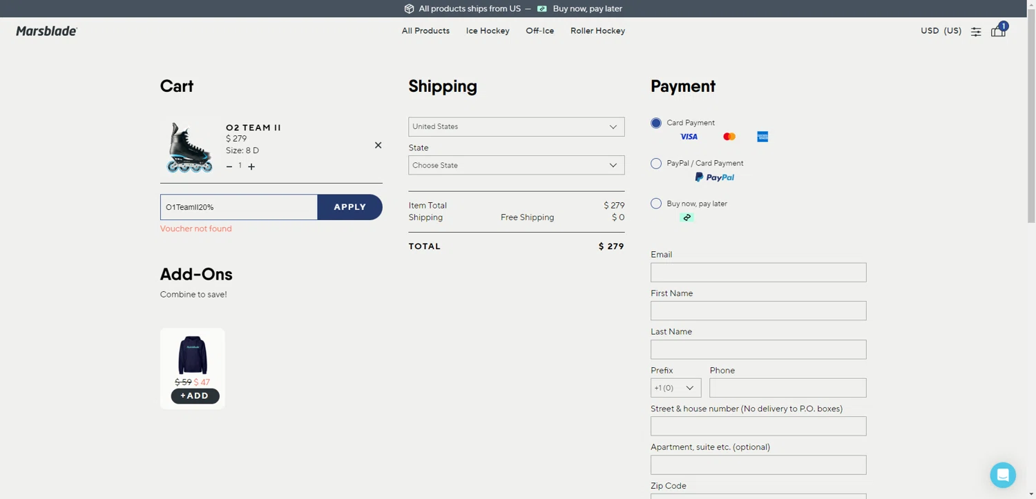 Marsblades promo code screenshot showing code O1TeamII20% applied at Marsblades checkout page. Uploaded by SimplyCodes community member NobleMaestro6498 on Sep 11, 2025