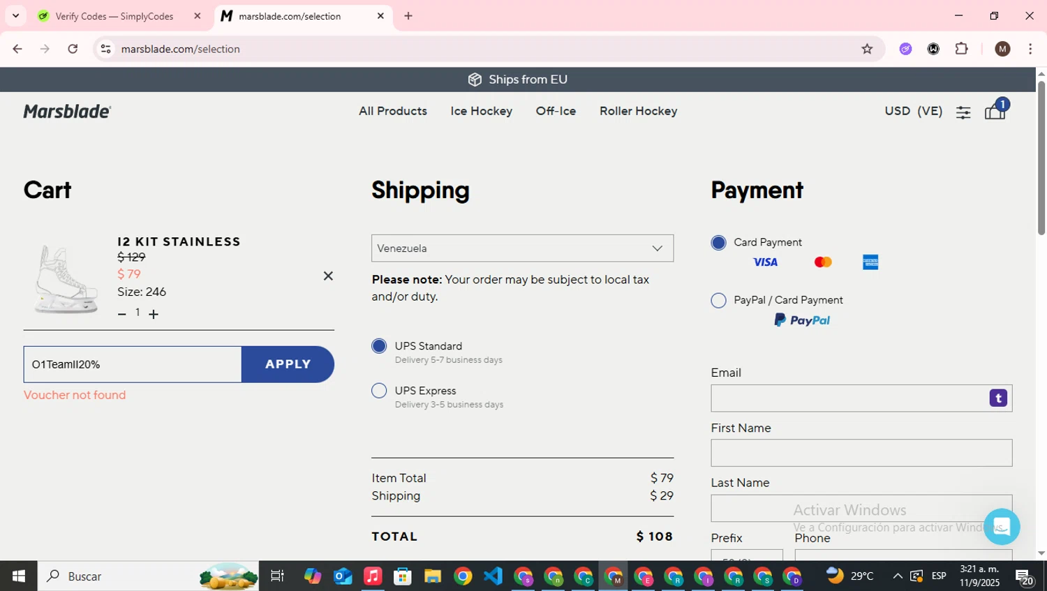Marsblades promo code screenshot showing code O1TeamII20% applied at Marsblades checkout page. Uploaded by SimplyCodes community member WonderWizard9060 on Sep 11, 2025
