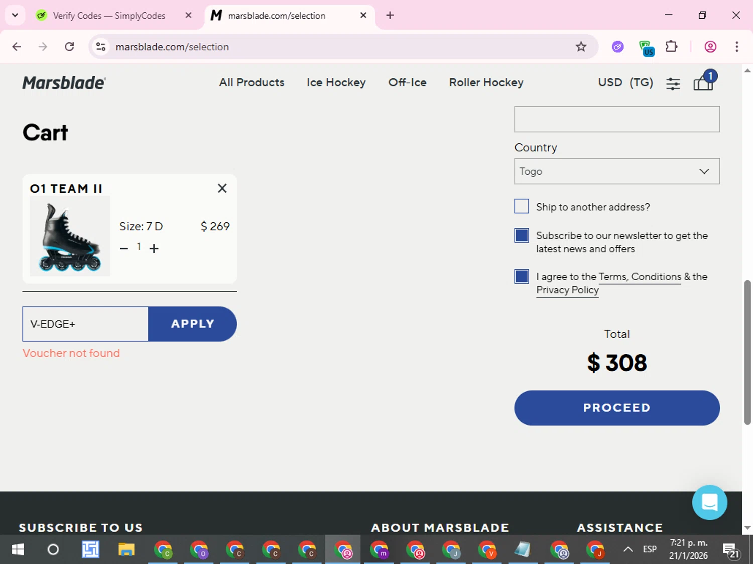 Marsblades promo code screenshot showing code V-EDGE+ applied at Marsblades checkout page. Uploaded by SimplyCodes community member QuestCurator1644 on Jan 21, 2026