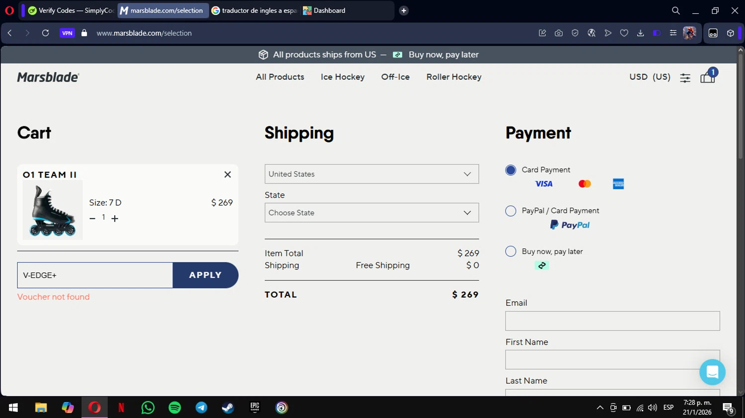 Marsblades promo code screenshot showing code V-EDGE+ applied at Marsblades checkout page. Uploaded by SimplyCodes community member mimusuky1 on Jan 21, 2026