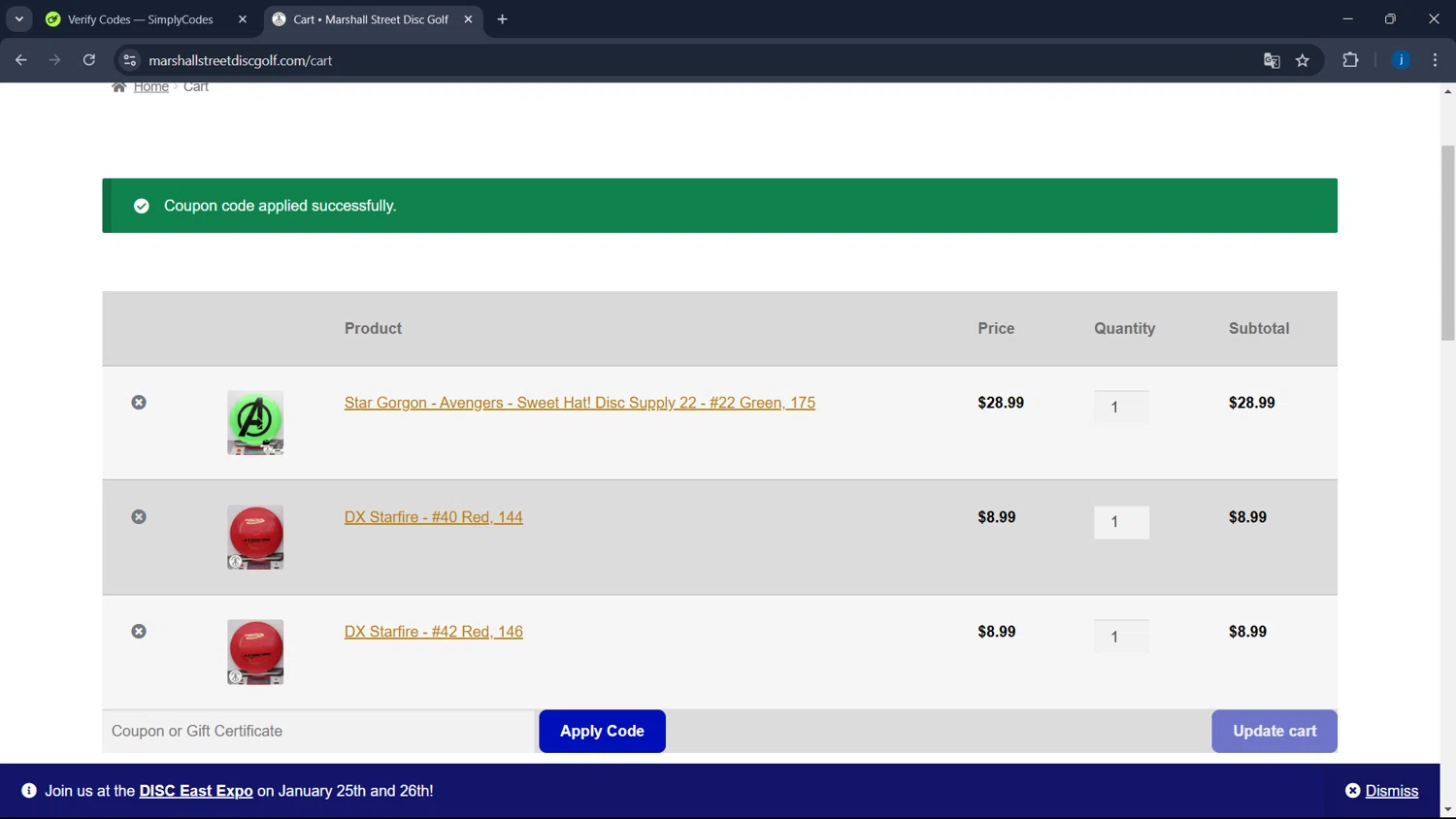 Marshall Street Disc Golf promo code screenshot showing code welcome10 applied at Marshall Street Disc Golf checkout page. Uploaded by SimplyCodes community member CodeSaver4373 on Jan 19, 2025