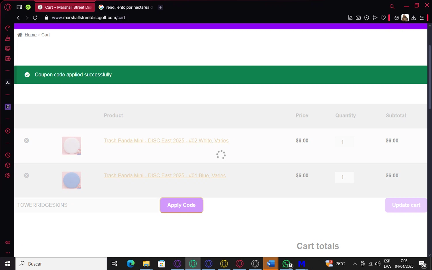 Marshall Street Disc Golf checkout page showing Marshall Street Disc Golf promo code box | Screenshot taken by SimplyCodes community member on Apr 4, 2025