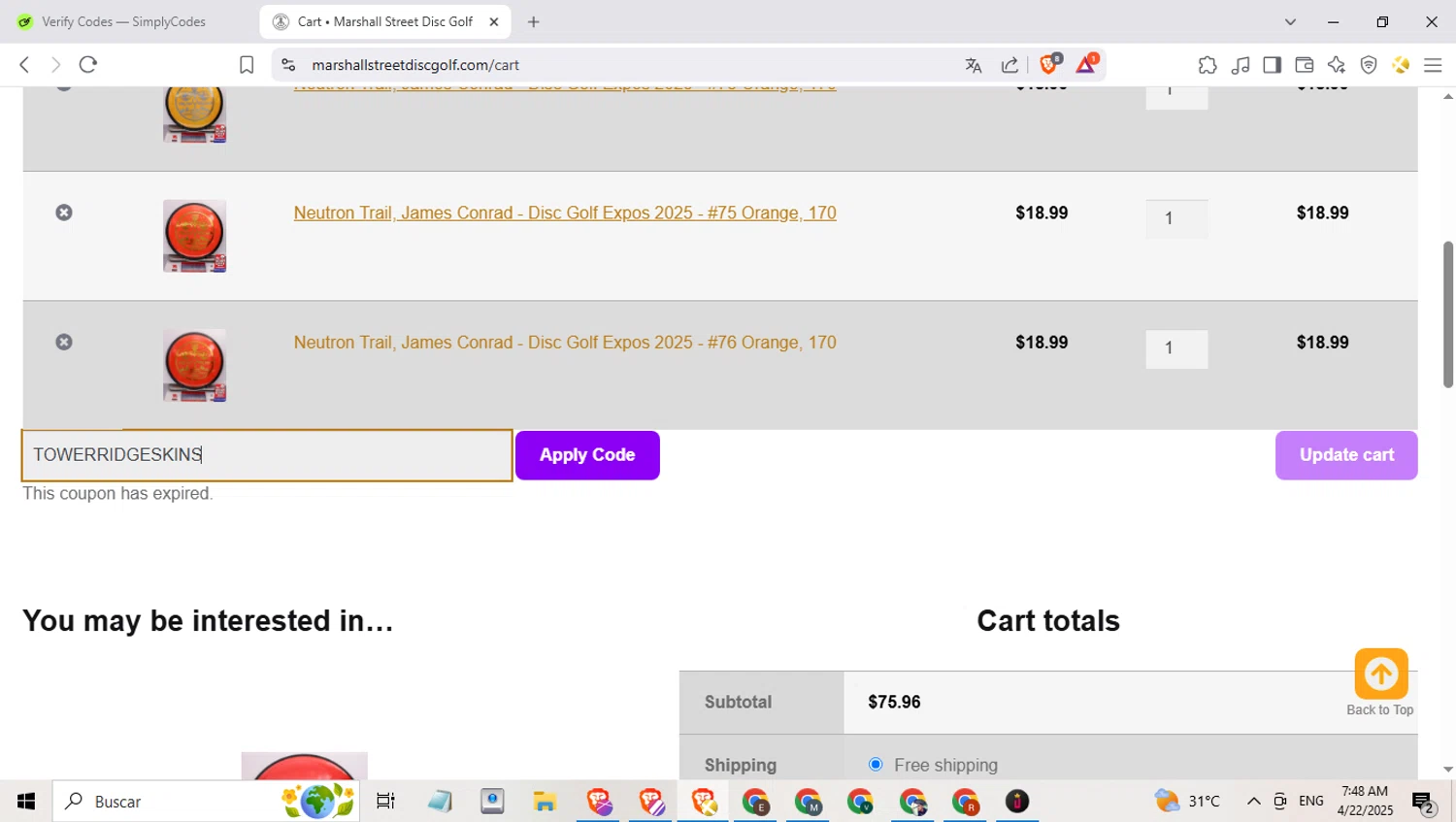 Marshall Street Disc Golf promo code screenshot showing code TOWERRIDGESKINS applied at Marshall Street Disc Golf checkout page. Uploaded by SimplyCodes community member benjamnlev on Apr 22, 2025