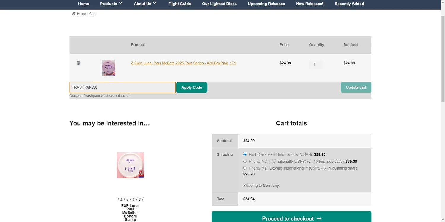 Marshall Street Disc Golf promo code screenshot showing code TRASHPANDA applied at Marshall Street Disc Golf checkout page. Uploaded by SimplyCodes community member SilverPioneer1110 on Jun 5, 2025