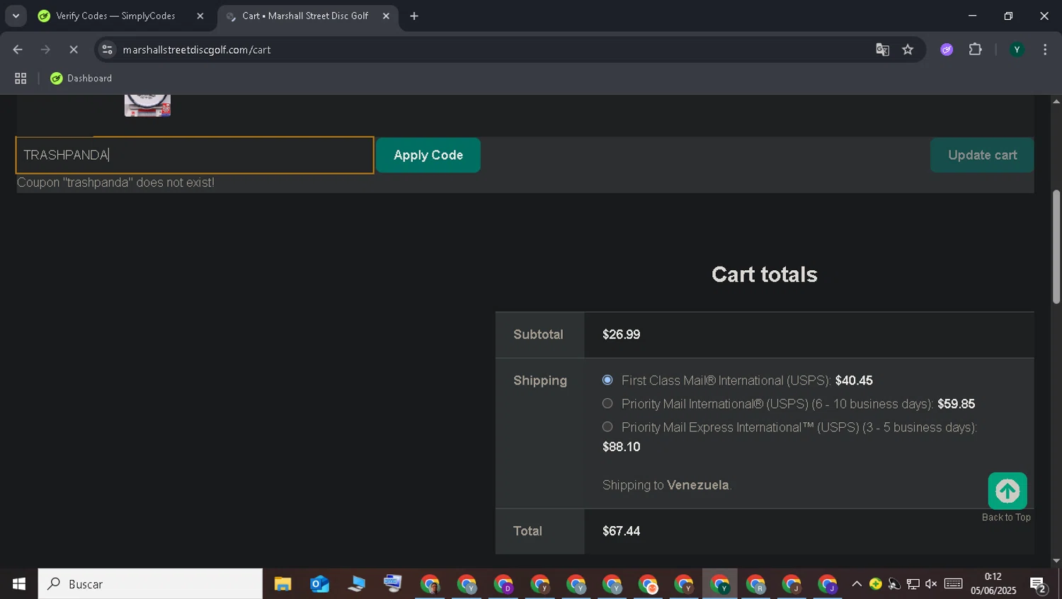 Marshall Street Disc Golf promo code screenshot showing code TRASHPANDA applied at Marshall Street Disc Golf checkout page. Uploaded by SimplyCodes community member WisePro2347 on Jun 5, 2025