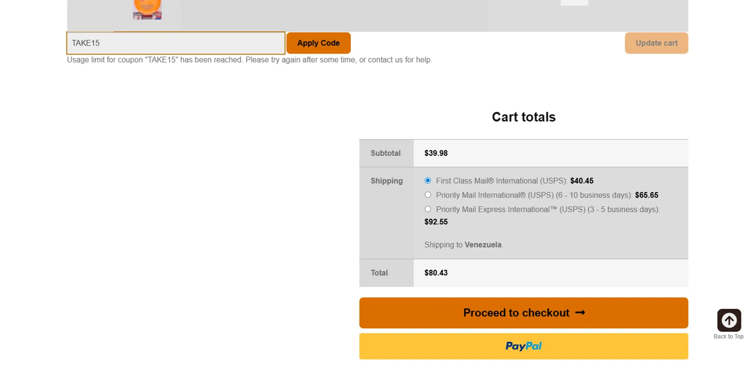 Marshall Street Disc Golf promo code screenshot showing code TAKE15 applied at Marshall Street Disc Golf checkout page. Uploaded by SimplyCodes community member kalltrom21 on Aug 5, 2025