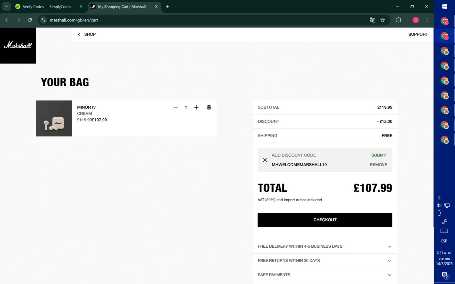 Marshall Headphones discount code screenshot showing code MHWELCOMEMARSHALL10 applied at Marshall Headphones checkout page. Uploaded by SimplyCodes community member RebateNavigator926 on Mar 14, 2025