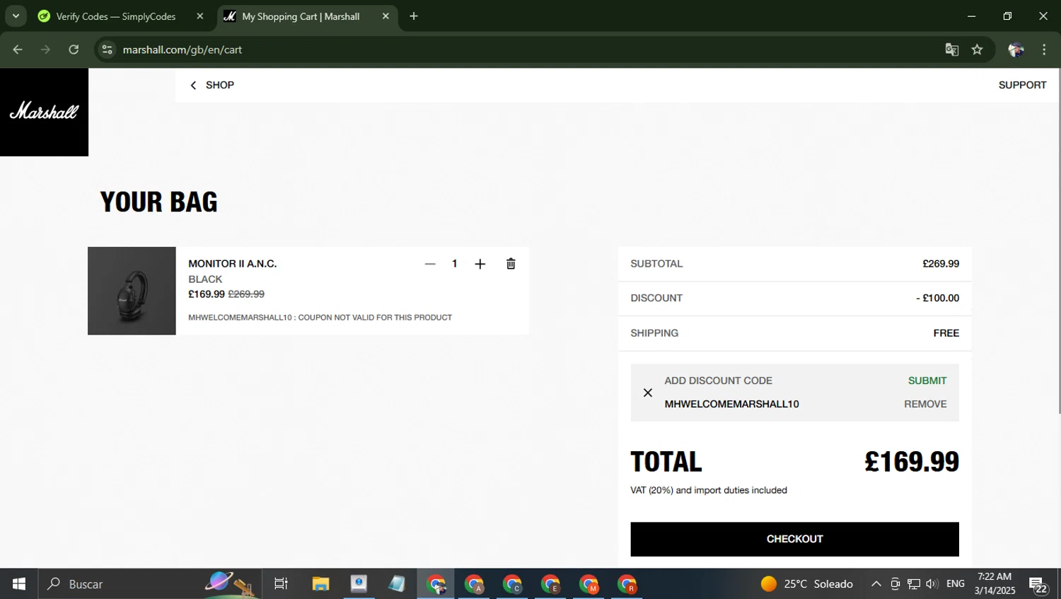 Marshall Headphones discount code screenshot showing code MHWELCOMEMARSHALL10 applied at Marshall Headphones checkout page. Uploaded by SimplyCodes community member alfredohernandez on Mar 14, 2025