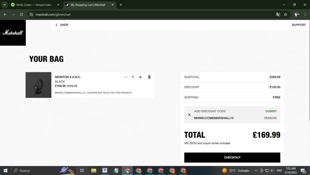 Marshall Headphones checkout page showing Marshall Headphones discount code box | Screenshot taken by SimplyCodes community member on Mar 14, 2025