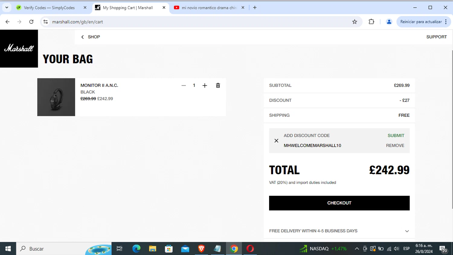 Marshall Headphones checkout page showing Marshall Headphones discount code box | Screenshot taken by SimplyCodes community member on Aug 26, 2024