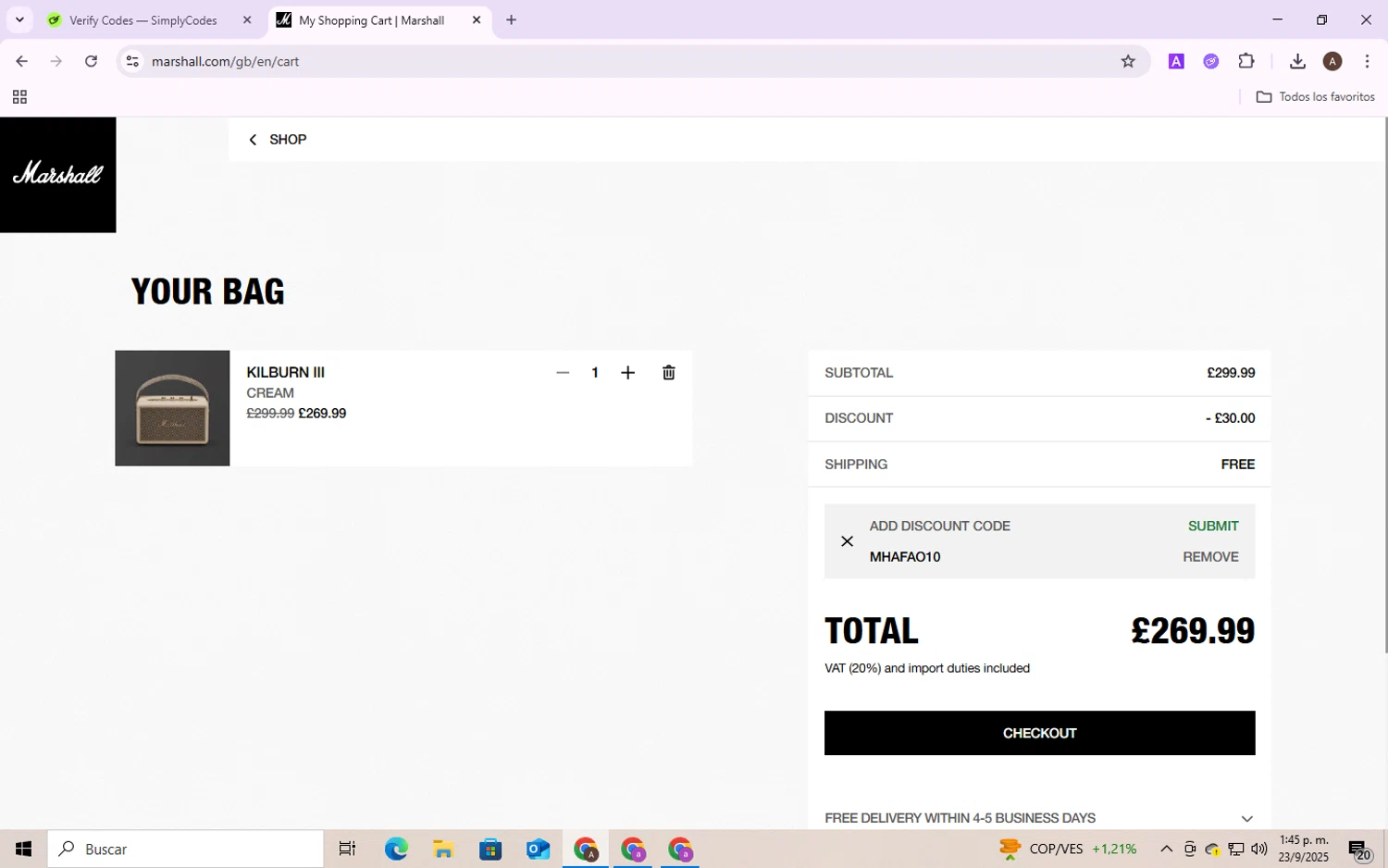Marshall Headphones discount code screenshot showing code MHAFAO10 applied at Marshall Headphones checkout page. Uploaded by SimplyCodes community member SmartShopper4328 on Sep 23, 2025