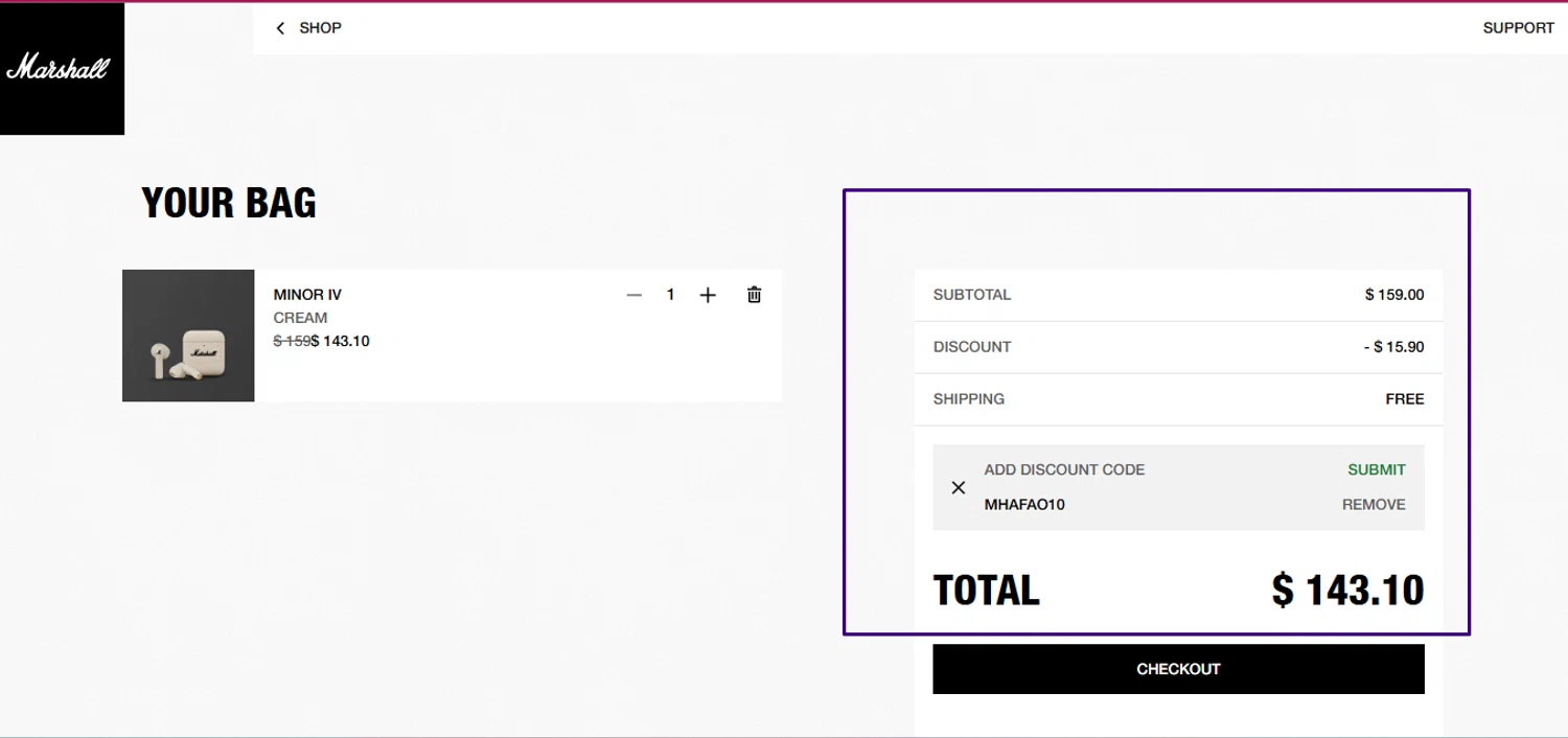 Marshall Headphones discount code screenshot showing code MHAFAO10 applied at Marshall Headphones checkout page. Uploaded by SimplyCodes community member Swiftdealz on Feb 21, 2025