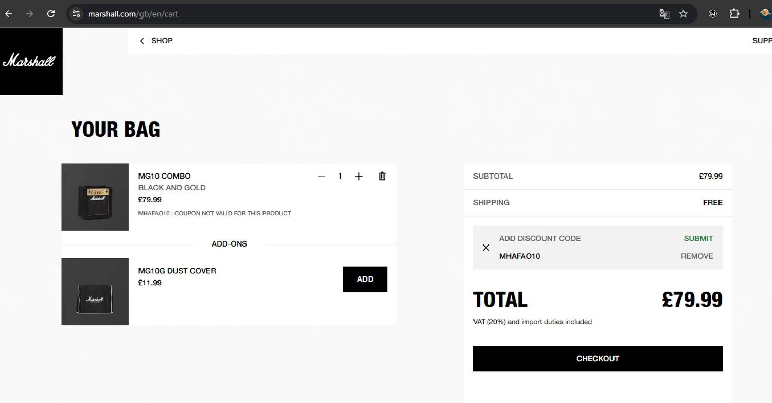 Marshall Headphones discount code screenshot showing code MHAFAO10 applied at Marshall Headphones checkout page. Uploaded by SimplyCodes community member RoyalSpotter5217 on Dec 27, 2024