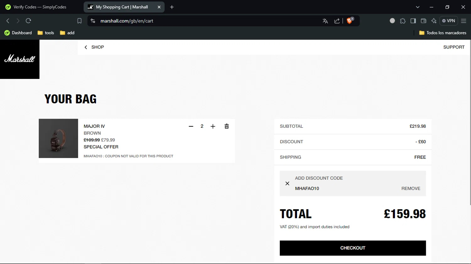 Marshall Headphones checkout page showing Marshall Headphones discount code box | Screenshot taken by SimplyCodes community member on Aug 26, 2024
