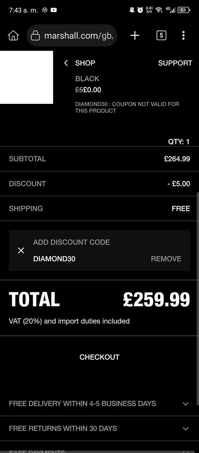 Marshall Headphones discount code screenshot showing code DIAMOND30 applied at Marshall Headphones checkout page. Uploaded by SimplyCodes community member Kaizen on Feb 16, 2025
