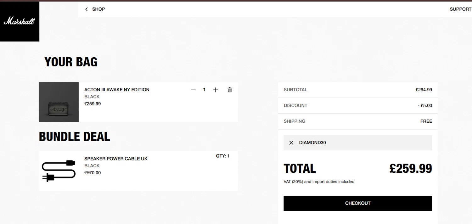 Marshall Headphones discount code screenshot showing code DIAMOND30 applied at Marshall Headphones checkout page. Uploaded by SimplyCodes community member VoucherSleuth8988 on Feb 16, 2025