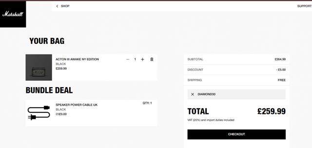 Marshall Headphones checkout page showing Marshall Headphones discount code box | Screenshot taken by SimplyCodes community member on Feb 16, 2025