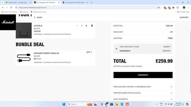 Marshall Headphones checkout page showing Marshall Headphones discount code box | Screenshot taken by SimplyCodes community member on Jul 31, 2024