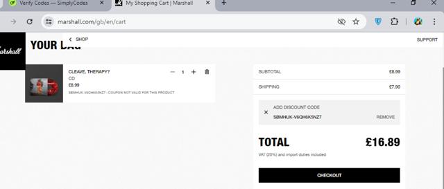 Marshall Headphones checkout page showing Marshall Headphones discount code box | Screenshot taken by SimplyCodes community member on Jul 6, 2024