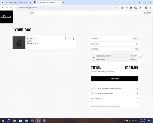 Marshall Headphones checkout page showing Marshall Headphones discount code box | Screenshot taken by SimplyCodes community member on Aug 4, 2024