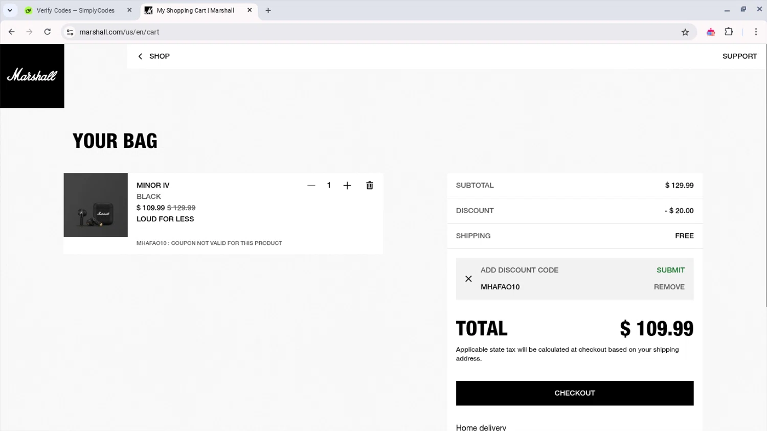 Marshall coupon code screenshot showing code MHAFAO10 applied at Marshall checkout page. Uploaded by SimplyCodes community member AberthGotopo on Apr 10, 2025
